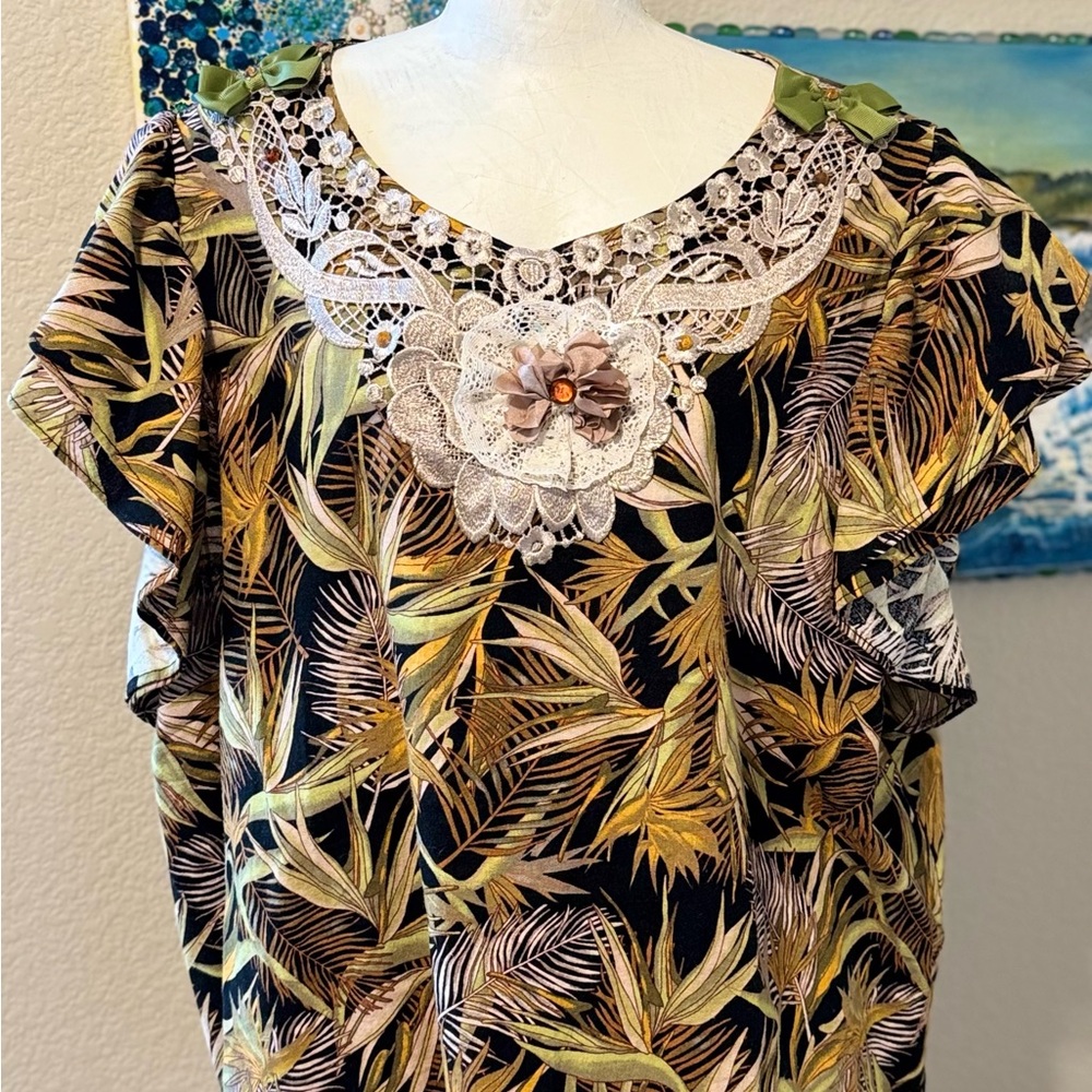 Rafaella Tropical Leaf Print Blouse with Lace